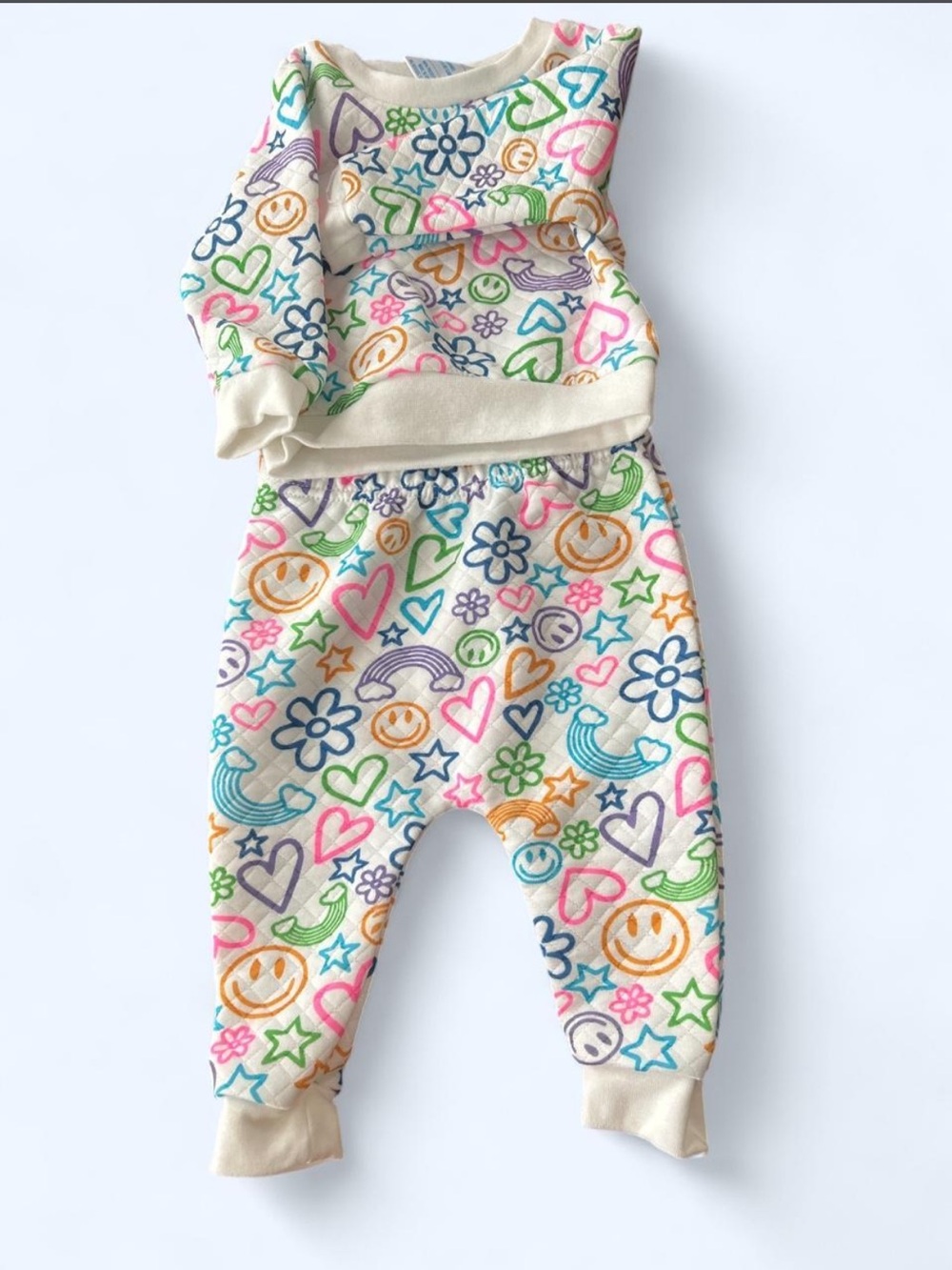 Kidgets Cream Pajama Set with Bright Rainbow Smiley & Heart Print